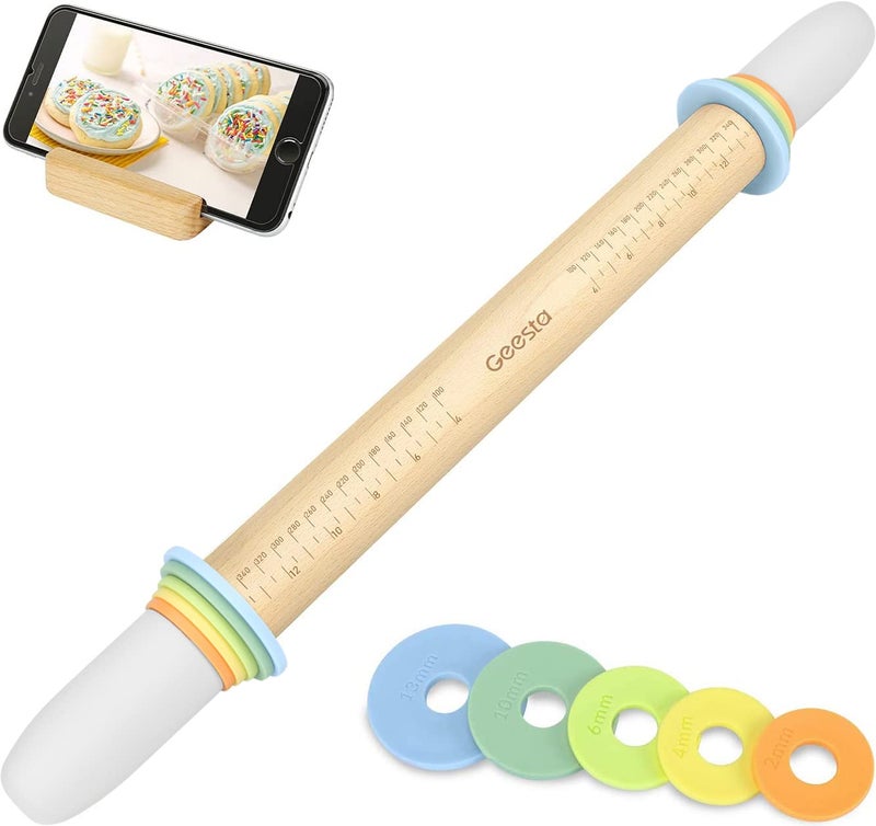 Geesta Adjustable Wood Rolling Pin with 5 Thickness Rings, Precise Dough Roller Handle Press Design with Measurement Guide for Baking Fondant, Pie Crust, Cookie, Pastry - Baking Essential - Image 1